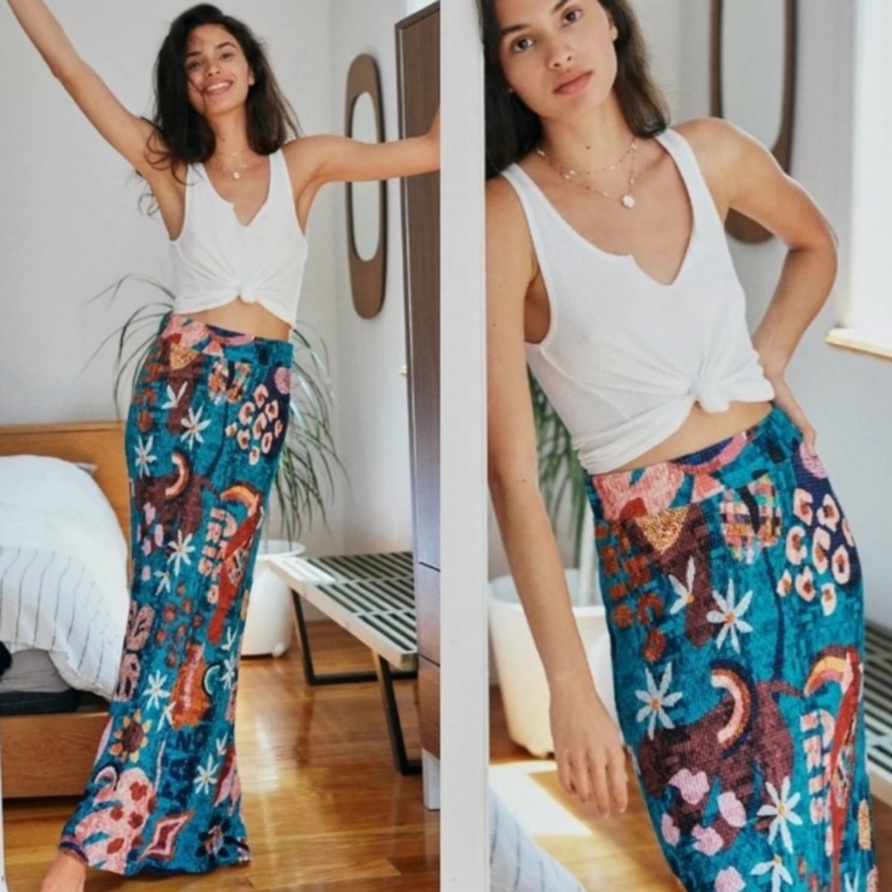 FARM for Anthropologie Floral Turquoise Maxi Skirt NEW!